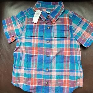 Red and blue short sleeve button-down shirt